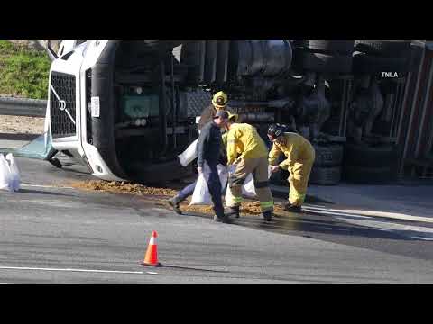 High Winds Knock Over Costco Semi Truck - 118 Freeway