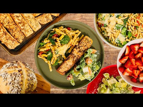 Salmon, Tomato and Zucchini Pasta, and Homemade Pumpkin Seeds Sourdough Bread
