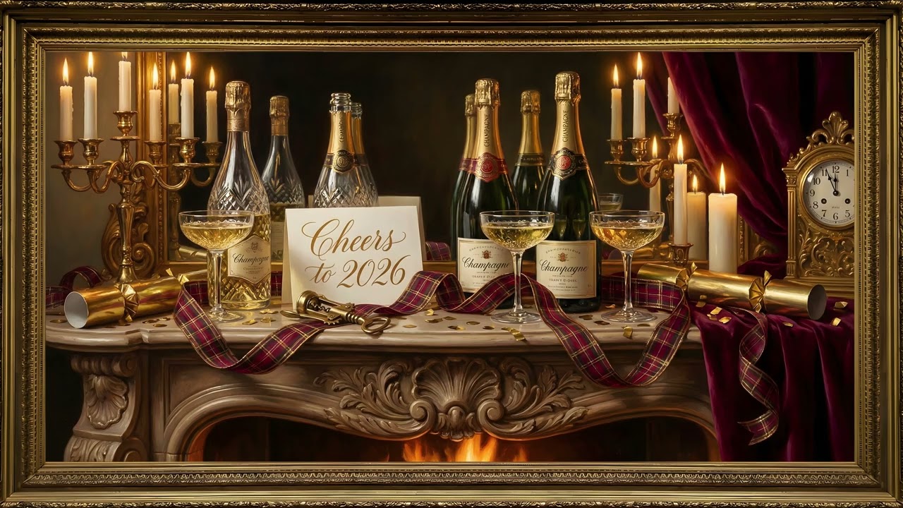 Cheers to 2026 NYE Fireplace Gold Frame TV Art | 2 Hours 4K — 4K ambient art screensaver in baroque gold frame