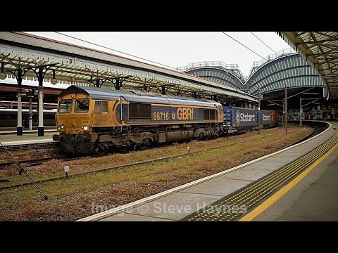 GBRf 66716 at York, Mossend to Doncaster intermodal, 12th May 2023.