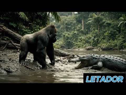 “A gorilla is fighting with a crocodile by the riverbank.”