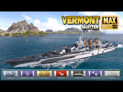 Battleship "Vermont" with massive hits on map Shatter - World of Warships