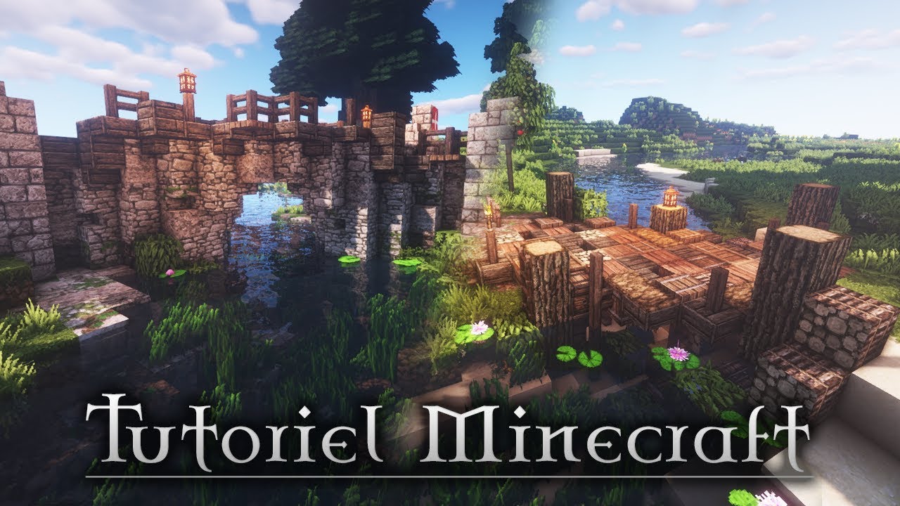 Pont médiéval Minecraft rustique en pierre moussue avec arc et créneaux