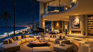 Luxury Coastal Apartment Lounge at Night with Gentle Jazz 🌊 Soft Jazz Music & Ocean Sounds for Relax