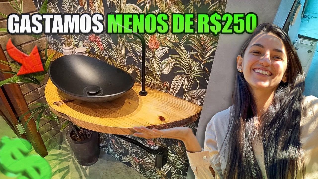 LAVABO CHIQUE BAIXO CUSTO BANCADA DE MADEIRA RÚSTICA E PAPEL DE PAREDE! 😲✨
