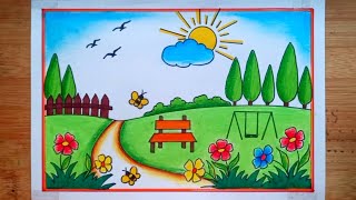 How To Draw Garden Scenery Drawing Step-by-step/Flower Garden Drawing/Spring Season Drawing Easy