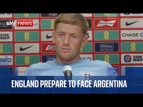 Jordan Pickford speaks at a news conference as England prepare to face Argentina in the World Cup
