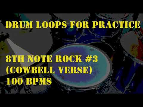 Drum Loops for Practice 8th note Rock #3with Cowbell Verse 100BPM