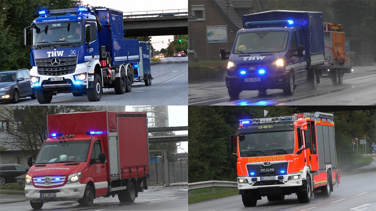 [Starkregen sorgt für Großeinsatz in Raffinerie!] Einsatzfahrten Werkfeuerwehr, THW und FF in Heide