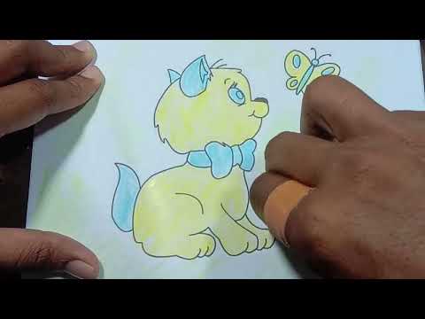 Coloring the Sketches of Cats and butterflies on Paper in blue and yellow using Crayons