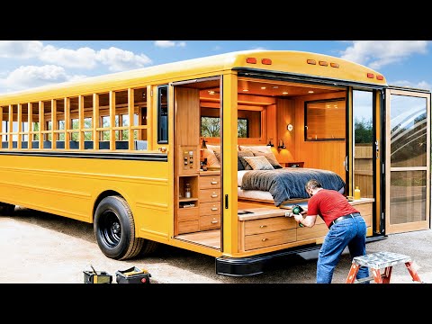 Couple Turns School bus into Luxury Camper | 1-Year Timelapse by @skoolievanblog​