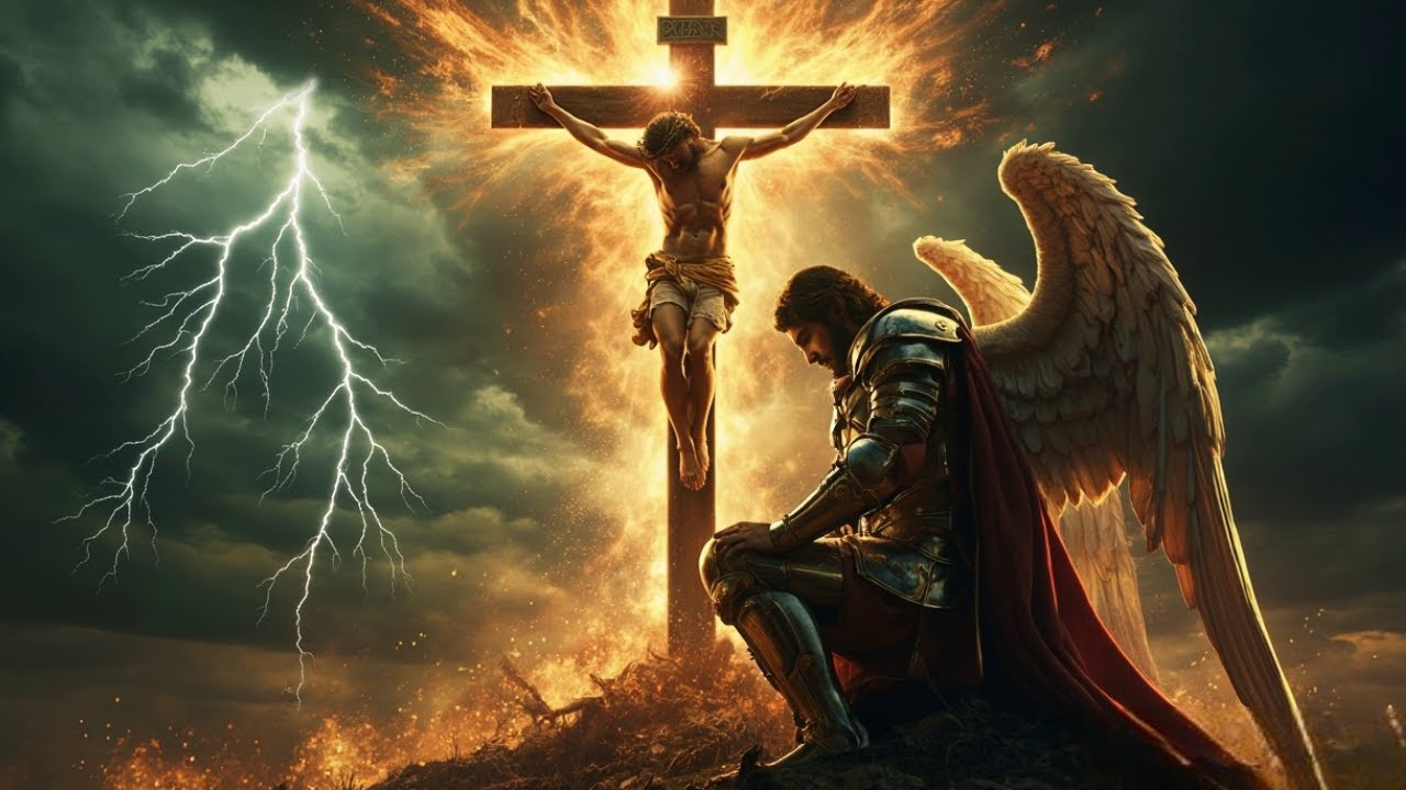 Why did Michael kneel before the cross of Christ?