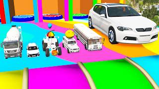 Tractor, Big Wheels, Concrete Mixer vs Stairs w Colors Pool - Crane Truck Rescue Cars - BeamNG #86