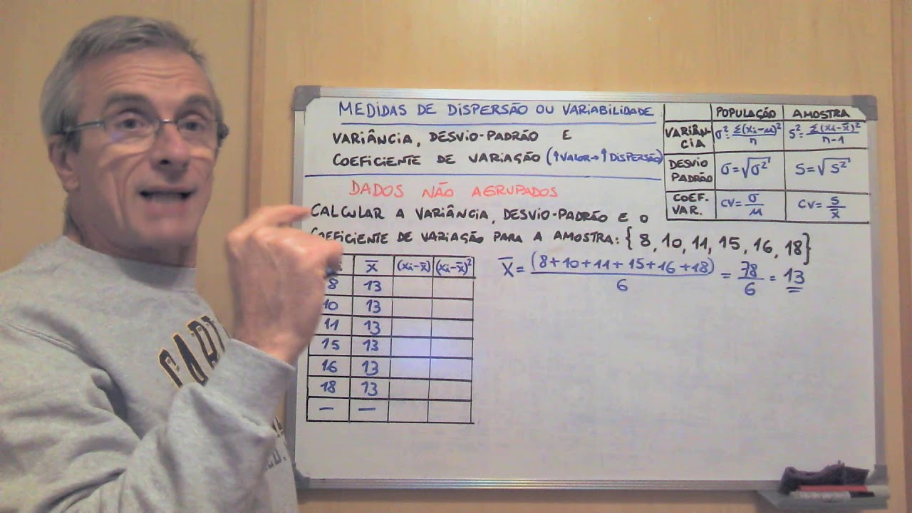 Cálculo de variância, desvio padrão e coeficiente de variação de  dados não agrupados