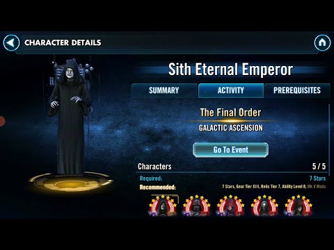Unlock Sith Eternal Emperor and his ultimate - tips for each tier, modding, zetas & attack strategy