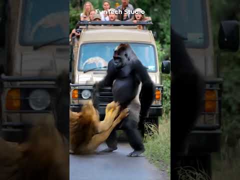 😱🦍Gorilla Vs Lion Deadly Clash on Road #animals #wildlife #short #gorillatag #lion