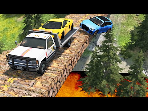 Cars vs Log Bridge Giant Lava - BeamNG.Drive