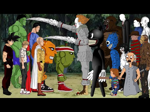 Saitama - Goku - DC,MARVEL Heros - Udin Din VS Pennywise,Jason,SANS,IT,Chucky,Michael,Freddy,Scp 096