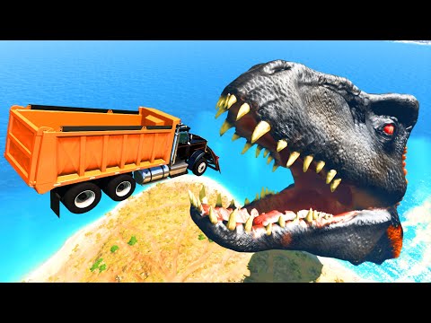 Cars Jump off Ladder into the Sea with Indoraptors - BeamNG.Drive