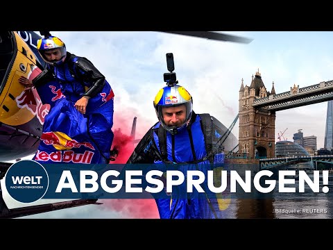 Video Thumbnail: LONDON: "Fallschirmspringer erreichten 246 km/h!" Spektakulärer Wingsuit-Flug durch die Tower Bridge