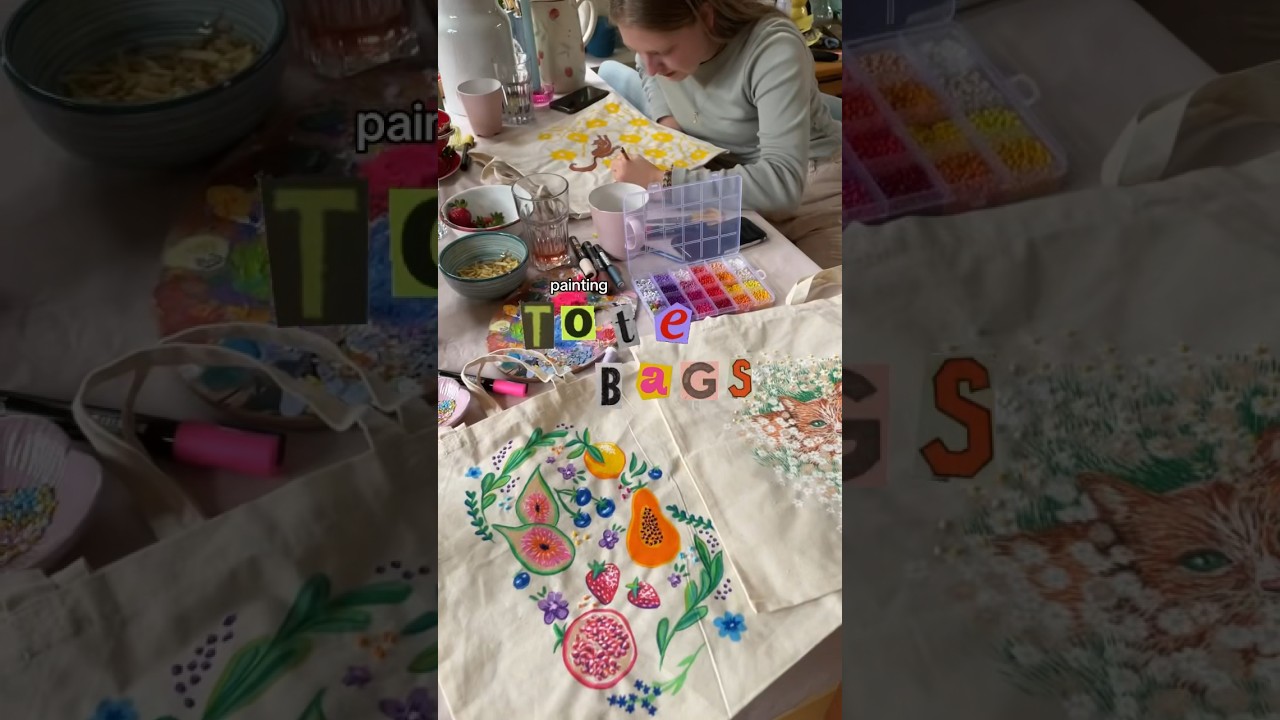 painting tote bags⭐️ thank you for having us @lievemerlijn #art#artist#diy#craft#creative#painting