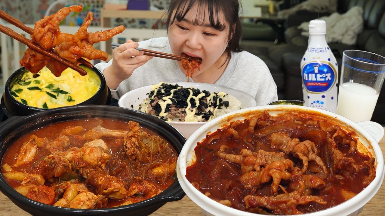 맵다 매워🥵엽기떡볶이 신메뉴 국물무뼈닭발과 엽기 닭볶음탕 먹방 참치마요 주먹밥과 계란찜은 필수! M
