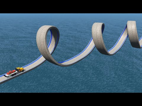 Impossible Triple Loop Bridge Crossing Cars Vs Deep Water - BeamNG.Drive