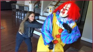 Scary Clown Gets Pushed To The Floor By Girl While Riding Scooter