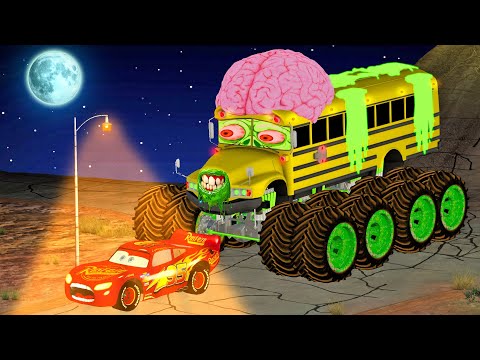 😱Horror Story | LARGE HUNGRY SCHOOL BUS 8 WHEELS ZOMBIE 🆚 McQueen😱| BeamNG Drive