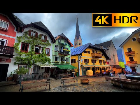 Caminhada relaxante em 4K HDR em HALLSTATT na CHUVA ☂️| Passeio a pé no coração da Beautiful Village