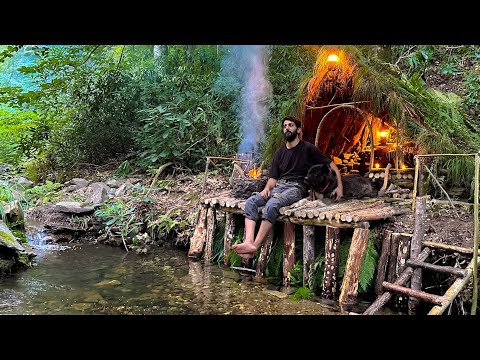 7 Days SOLO SURVIVAL CAMPING In RAIN Forest, THUNDER - Building Warm BUSHCRAFT SHELTER - Cooking