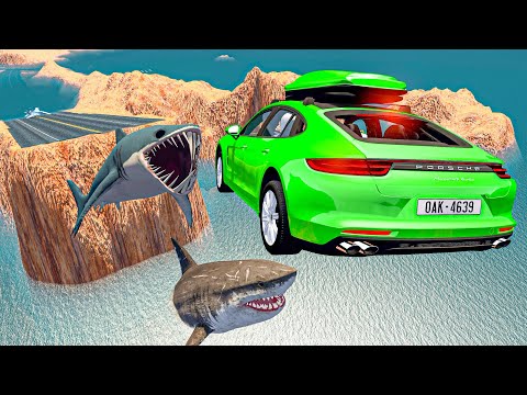 BeamNG Drive Cars Jumping Over Sharks In Flooded Grand Canyon - Cars Crashes & Fails | Good Cat