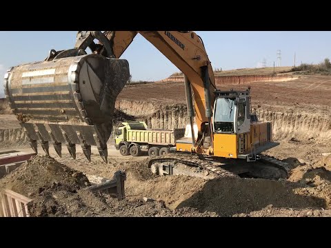 Caterpillar And Liebherr Excavators Loading Mercedes And MAN Trucks
