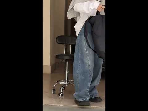 秋冬美式復古弧型拼接牛仔褲高腰寬腿顯瘦休閒長褲