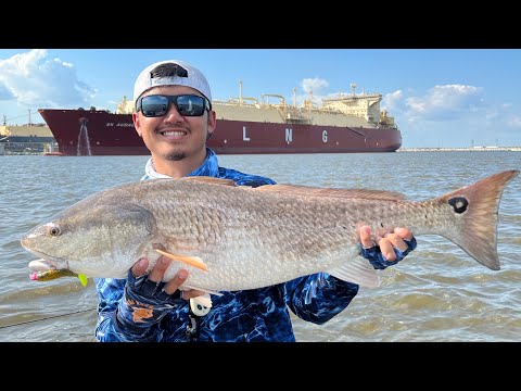 GIANT FISH NEXT TO A GIANT SHIP!! FISHING PORT ARTHUR TX