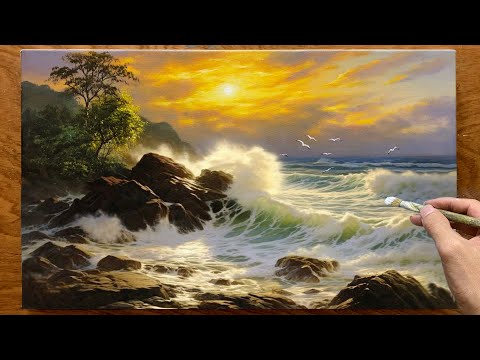 How to draw a coastal landscape - Ocean waves crashing on the shore / Acrylic Painting / A Lu Art.