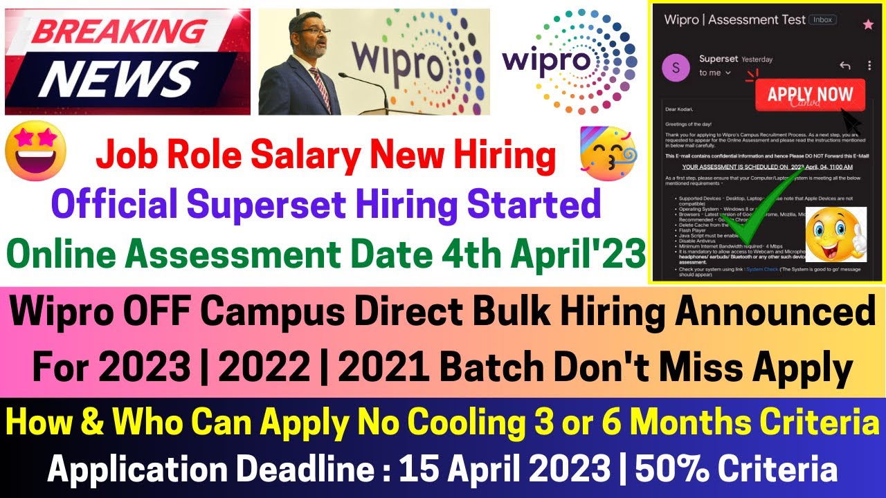 Wipro Superset OFF-Campus Direct Hiring Started 2023 2022 2021 Batch Exam Date No % Criteria 3.5 LPA