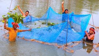 Village style net fishing and cooking | village fishing video | Prawn fish catch and cook