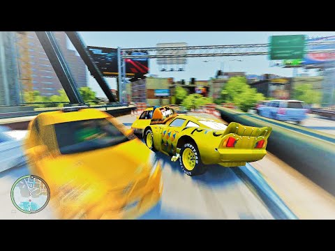 GTA 4 Crazy Lightning McQueen Pro Yellow Car Crashes Compilation Ep. 8 | GTA IV Real Car Mod Crashes