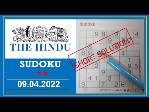 The Hindu  Sudoku Apr 09, 2022 - 2 Star - Short Solution