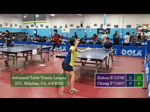 Zichun Shen (1578, pips BH) vs Chirag Pradhan (1557) at ICC TT League on 4-8-2023
