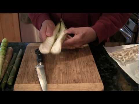 Prepping fresh bamboo shoots for cooking