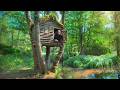 Bau Eines Bushcraft Baumhauses Im Sturm über Dem Wasser Fangen Und Kochen Über Nacht Überleben