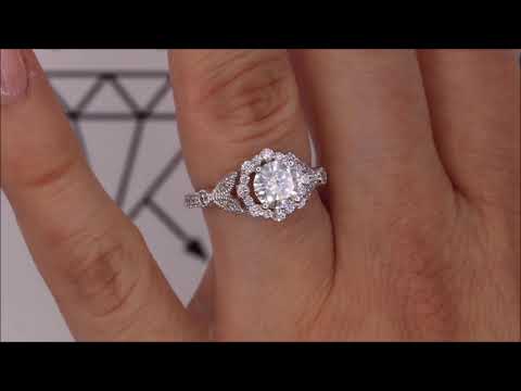 Vintage Floral Style Halo Diamond and Moissanite Engagement Ring - Lilly