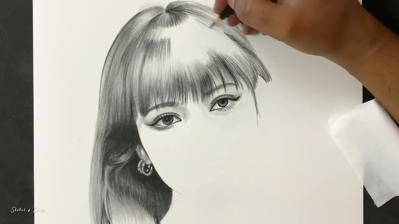 portrait pencil drawing black pink lisa by sketch and shade