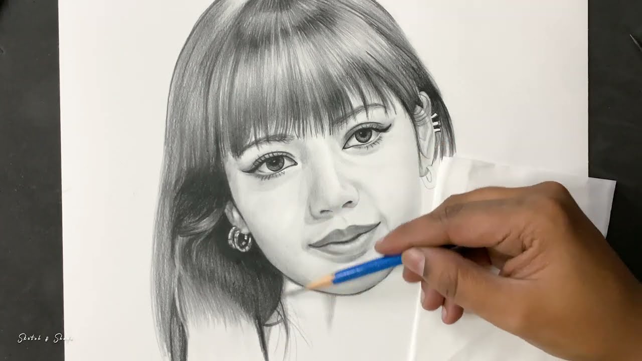 portrait pencil drawing black pink lisa by sketch and shade