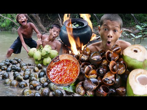 Primitive Technology - Kmeng Prey - Cooking Snails With Coconut