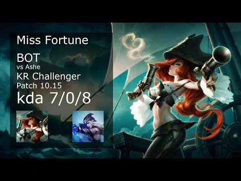 Miss Fortune ADC vs Ashe - KR Challenger 7/0/8 Patch 10.15 Gameplay // [롤] 미스 포츈 vs 애쉬
