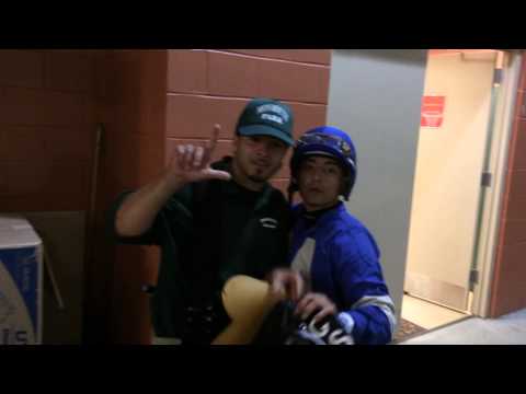 Jockey Gabriel Saez after winning the last race at The Meadowlands Racetrack.