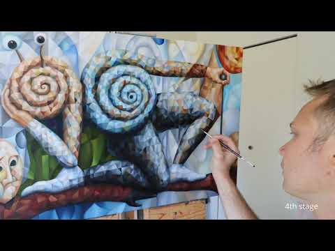 Surreal cubist painting. Creative flow. The making of the original artwork "The Snail"